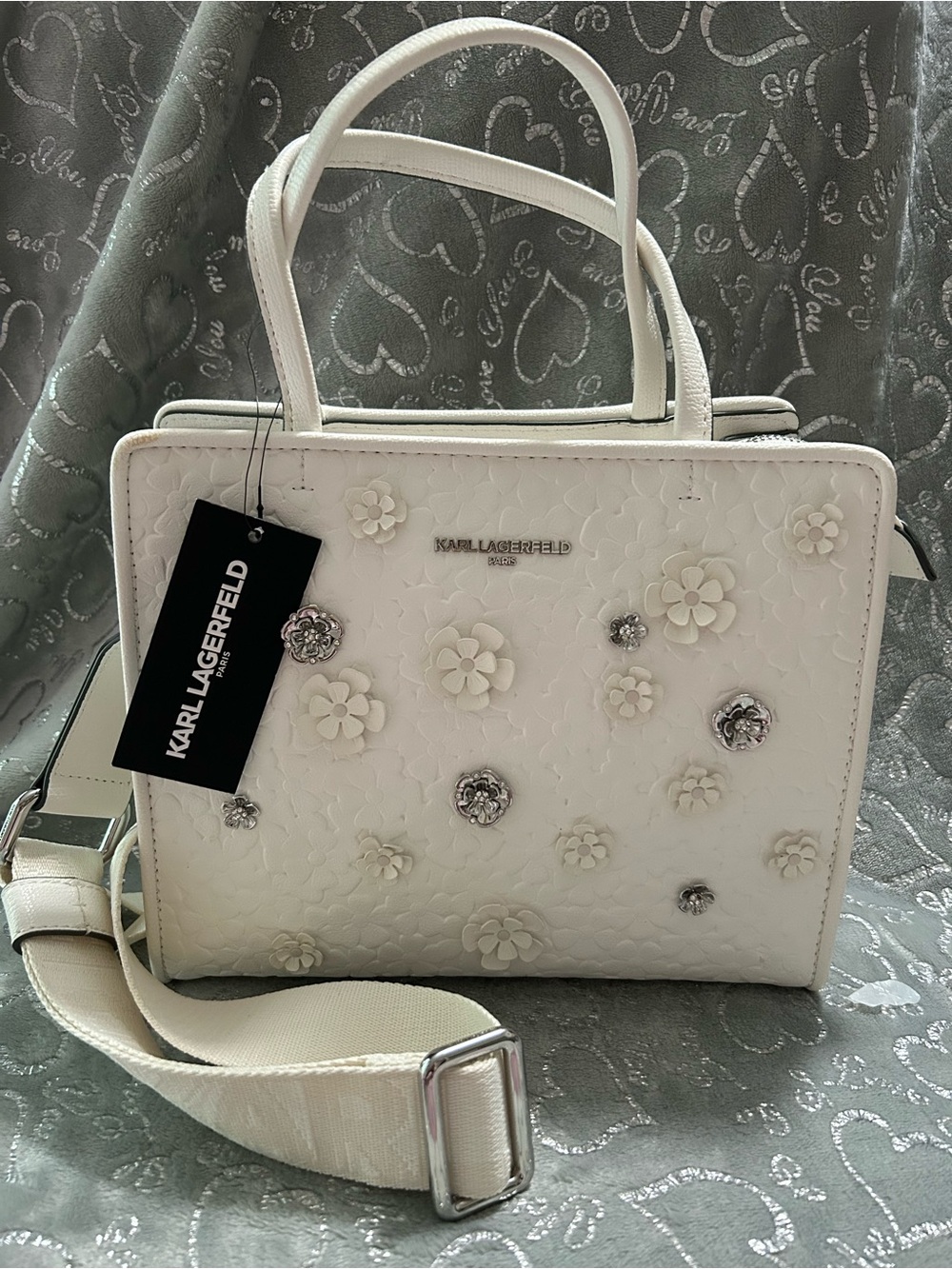 NWT Karl Lagerfeld PARIS, Maybell, Medium, White, Floral Gem Appliqué Satchel